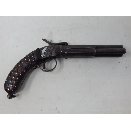 371 - 19th Century Three Barrel Percussion Pistol c.1850 with Silver Inlay to the Action & Stock