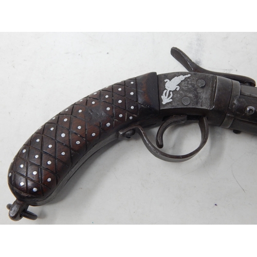 371 - 19th Century Three Barrel Percussion Pistol c.1850 with Silver Inlay to the Action & Stock