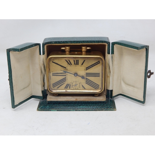 375 - Art Deco French Brass Cased Travelling Alarm Clock in Original Fitted Travel Case: Working when cata... 