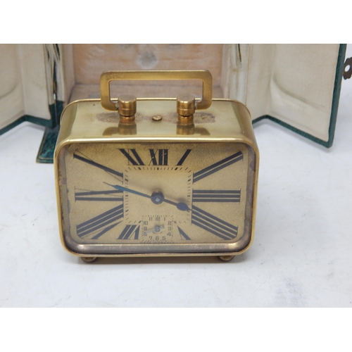 375 - Art Deco French Brass Cased Travelling Alarm Clock in Original Fitted Travel Case: Working when cata... 