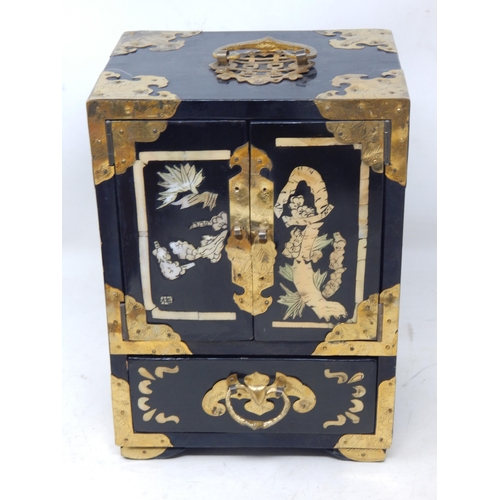 376 - Chinese Black Lacquer & Mother of Pearl Inlaid Four Drawer Jewellery Cabinet with Brass Fittings & L... 