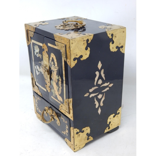 376 - Chinese Black Lacquer & Mother of Pearl Inlaid Four Drawer Jewellery Cabinet with Brass Fittings & L... 