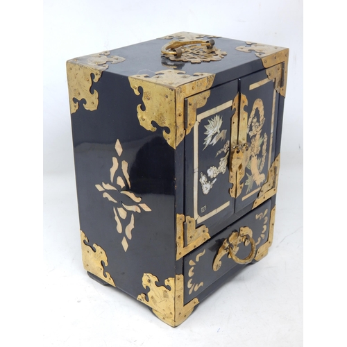 376 - Chinese Black Lacquer & Mother of Pearl Inlaid Four Drawer Jewellery Cabinet with Brass Fittings & L... 