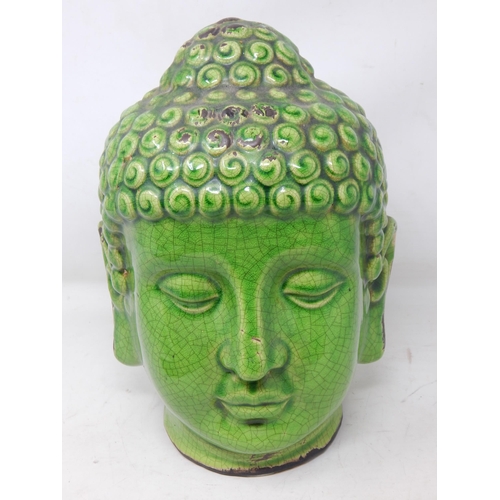 378 - Large Green Glazed Pottery Buddha Head: Height 27cm