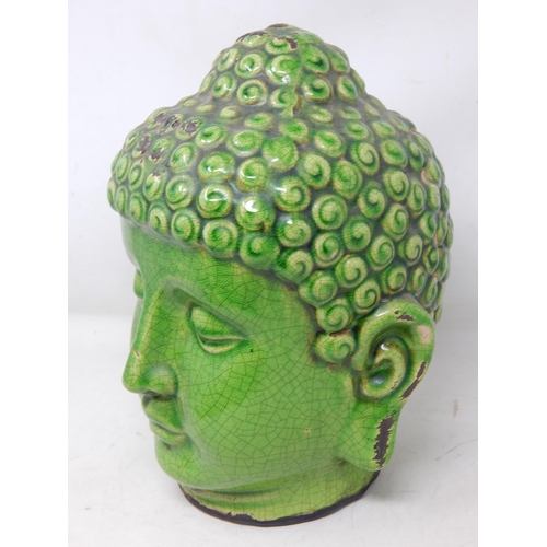 378 - Large Green Glazed Pottery Buddha Head: Height 27cm