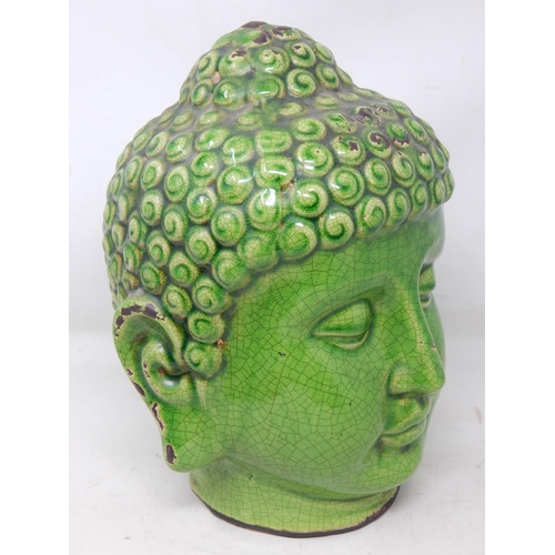 378 - Large Green Glazed Pottery Buddha Head: Height 27cm