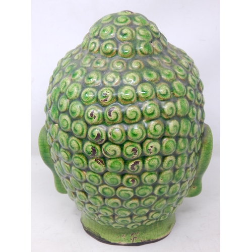 378 - Large Green Glazed Pottery Buddha Head: Height 27cm