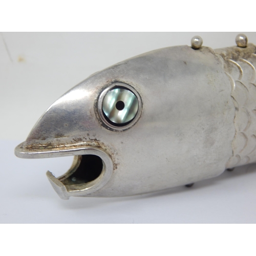 131C - Large Silver Articulated Fish with Abalone Shell Eyes: Marked 84: Length 19cm: Weight 100g