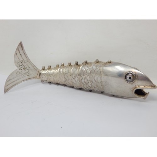 131C - Large Silver Articulated Fish with Abalone Shell Eyes: Marked 84: Length 19cm: Weight 100g