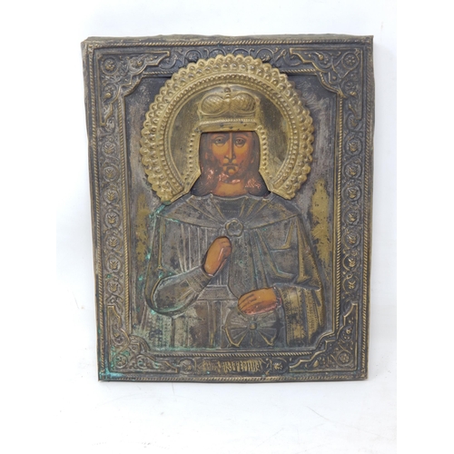 368 - Russian Brass Framed Icon on Wooden Back: Measuring 22.2cm x 17.9cm