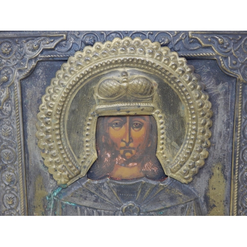 368 - Russian Brass Framed Icon on Wooden Back: Measuring 22.2cm x 17.9cm