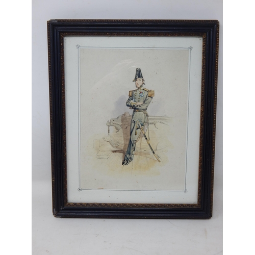 419 - 19th Century Watercolour of a Naval Officer in Dress Uniform Aboard Ship: Framed & Glazed: Measuring... 