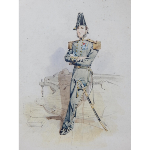 419 - 19th Century Watercolour of a Naval Officer in Dress Uniform Aboard Ship: Framed & Glazed: Measuring... 