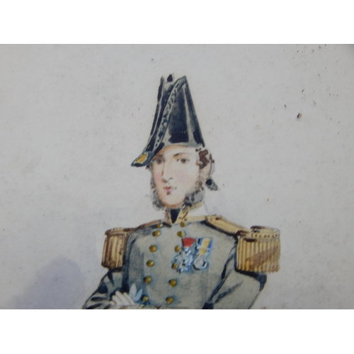 419 - 19th Century Watercolour of a Naval Officer in Dress Uniform Aboard Ship: Framed & Glazed: Measuring... 