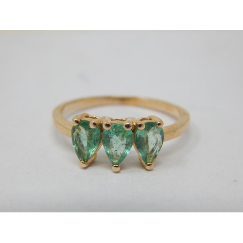 268C - 9ct Gold Ring Set with Three Pear Shaped Emeralds: Size L/M: Gross weight 1.84g