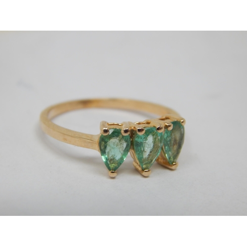 268C - 9ct Gold Ring Set with Three Pear Shaped Emeralds: Size L/M: Gross weight 1.84g