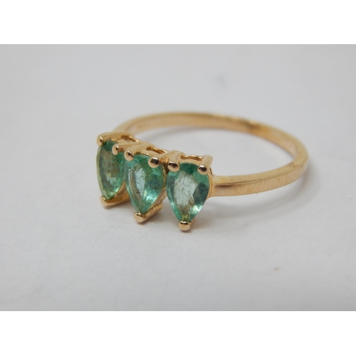 268C - 9ct Gold Ring Set with Three Pear Shaped Emeralds: Size L/M: Gross weight 1.84g