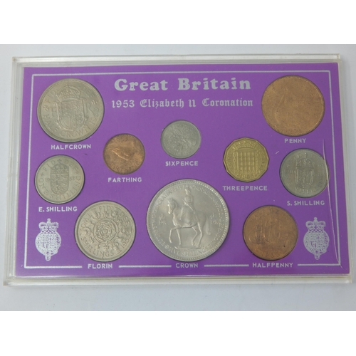33 - Elizabeth II Coronation 10-Coin Set from Crown to Farthing dated 1953 housed in vintage Sandhill cas... 