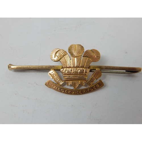 429 - WWI 9ct Gold Civil Service Rifles Regiment Brooch: 5cm Wide: Weight 2.96g