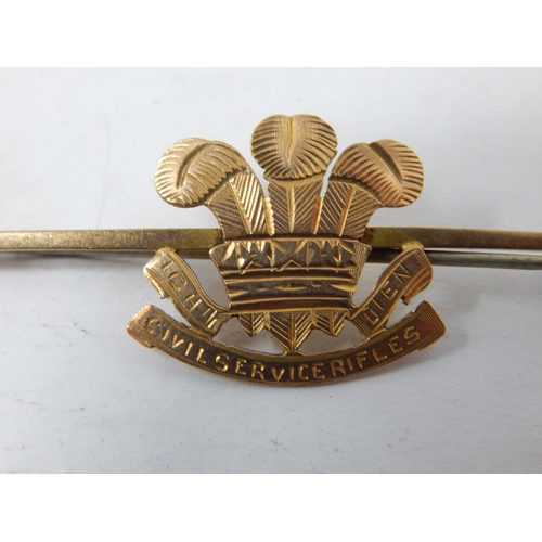 429 - WWI 9ct Gold Civil Service Rifles Regiment Brooch: 5cm Wide: Weight 2.96g