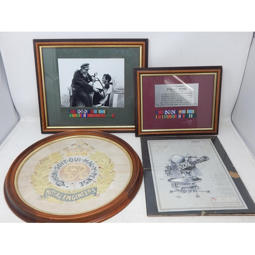 430 - WWII Royal Engineers Embroidery, Framed & Glazed together with Framed Medal Bars & Picture of Wing C... 