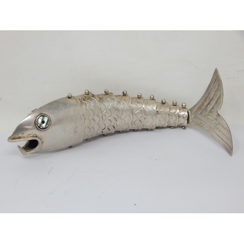 109 - Large Silver Articulated Fish with Abalone Shell Eyes: Marked 84: Length 19cm: Weight 100g