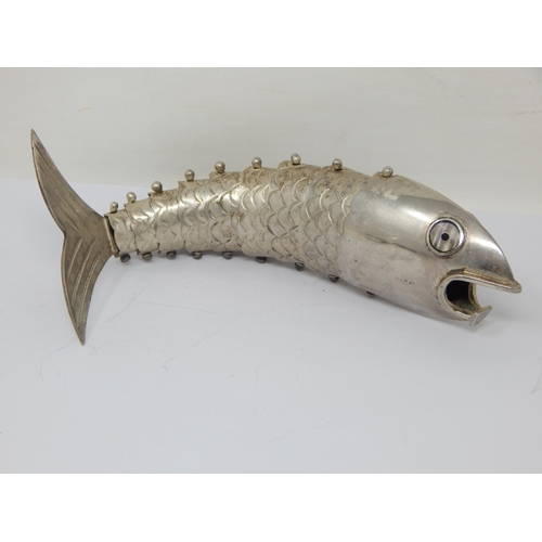 110 - Large Silver Articulated Fish with Abalone Shell Eyes: Marked 84: Length 19cm: Weight 100g