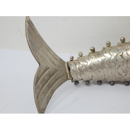 110 - Large Silver Articulated Fish with Abalone Shell Eyes: Marked 84: Length 19cm: Weight 100g