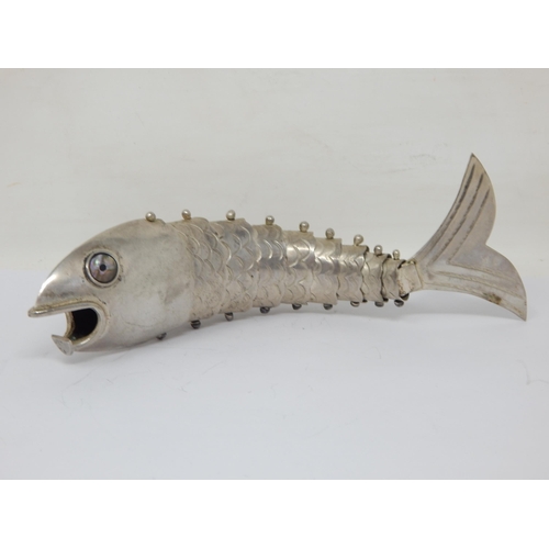 110 - Large Silver Articulated Fish with Abalone Shell Eyes: Marked 84: Length 19cm: Weight 100g