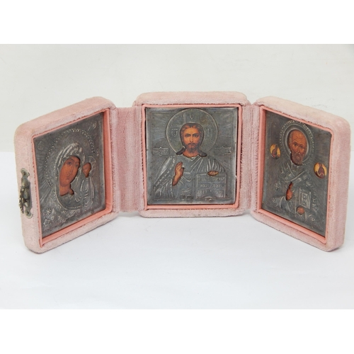 111 - Triptych Folding Case Opening to reveal three Silver Icons Marked 84 with Silver Clasp & Cross: Widt... 