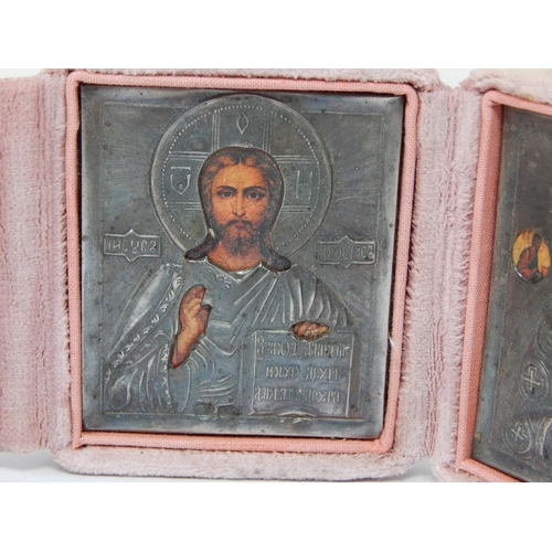 111 - Triptych Folding Case Opening to reveal three Silver Icons Marked 84 with Silver Clasp & Cross: Widt... 