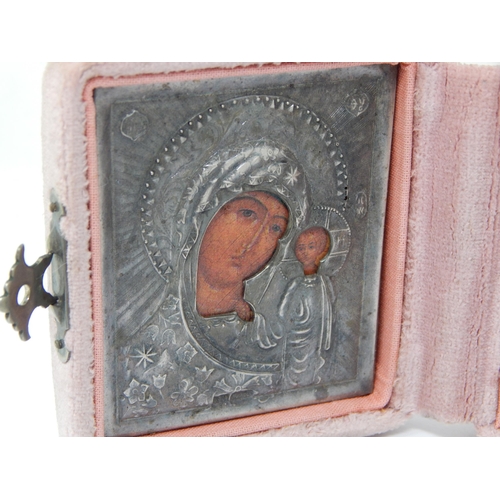 111 - Triptych Folding Case Opening to reveal three Silver Icons Marked 84 with Silver Clasp & Cross: Widt... 