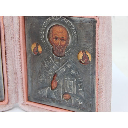 111 - Triptych Folding Case Opening to reveal three Silver Icons Marked 84 with Silver Clasp & Cross: Widt... 