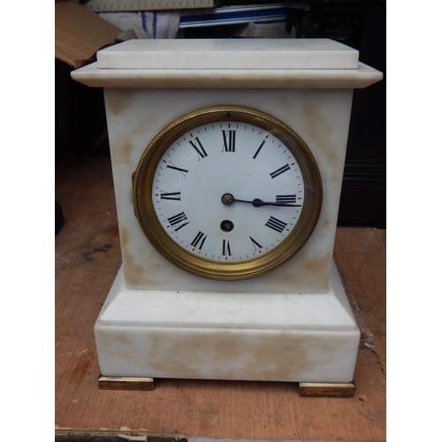 294 - White Marble Mantel Clock with White Enamel Dial & Roman Numerals: Measuring 23cm wide x 29cm high