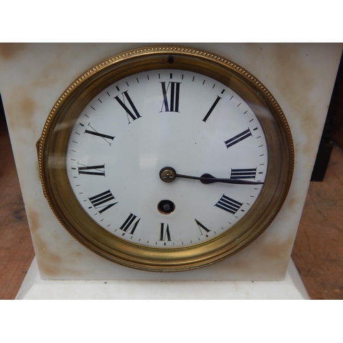 294 - White Marble Mantel Clock with White Enamel Dial & Roman Numerals: Measuring 23cm wide x 29cm high