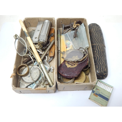 319 - A Box containing an assortment of items including vintage spectacles, lighter, pince nez, keys etc