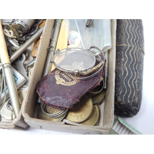 319 - A Box containing an assortment of items including vintage spectacles, lighter, pince nez, keys etc