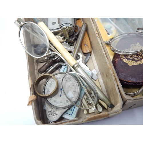 319 - A Box containing an assortment of items including vintage spectacles, lighter, pince nez, keys etc