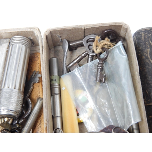 319 - A Box containing an assortment of items including vintage spectacles, lighter, pince nez, keys etc