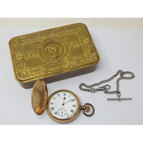 301 - WWI Queen Mary Christmas Tin 1914 containing a Gold Plated Full Hunter Pocket Watch by Waltham, Work... 