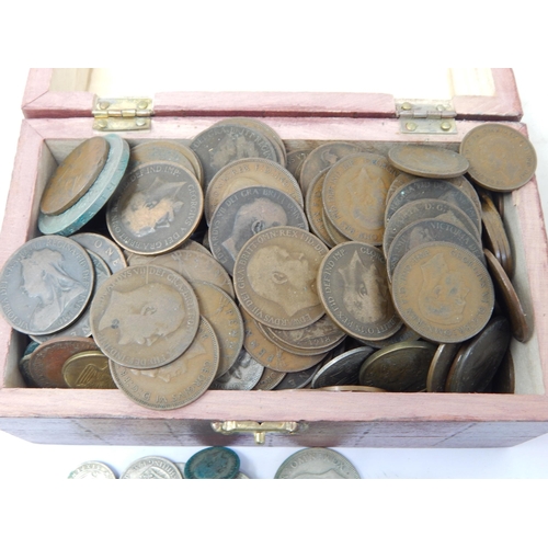 99 - A Quantity of Coins Including Silver (310g)  Contained in a Domed Top Wooden Box.