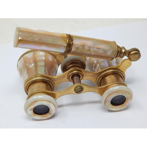 335 - A Pair of Brass Cased & Mother of Pearl Opera Glasses