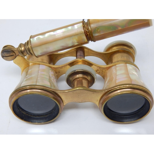 335 - A Pair of Brass Cased & Mother of Pearl Opera Glasses