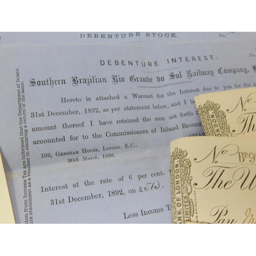 90 - A Quantity of 19th Century Cheques, Debenture Interest Certificates etc together with a Victory Stam... 