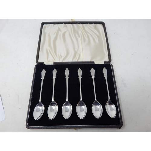 130 - A Good Set of 6 Art Deco Silver Tea Spoons with engine turned angular terminals: Hallmarked Birmingh... 