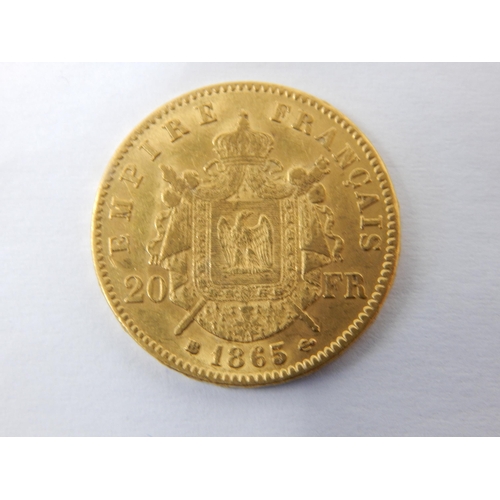 72 - 1865 French Napoleon III Gold 20 Francs Coin: BB Mint Mark for Strasbourg