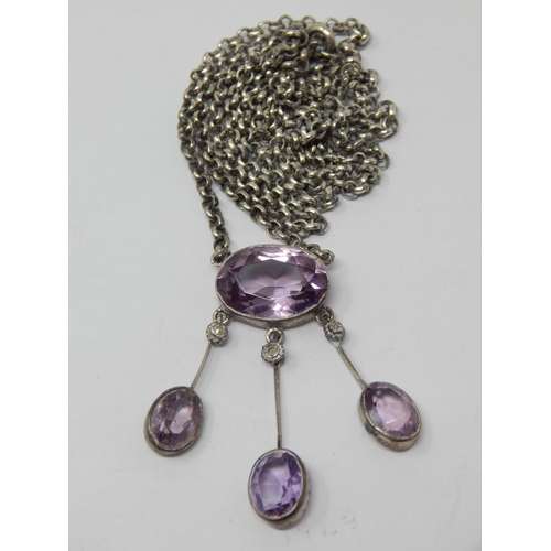 147 - Edwardian Silver & Amethyst Pendant Necklace with Three En Tremble Amethyst Drops.