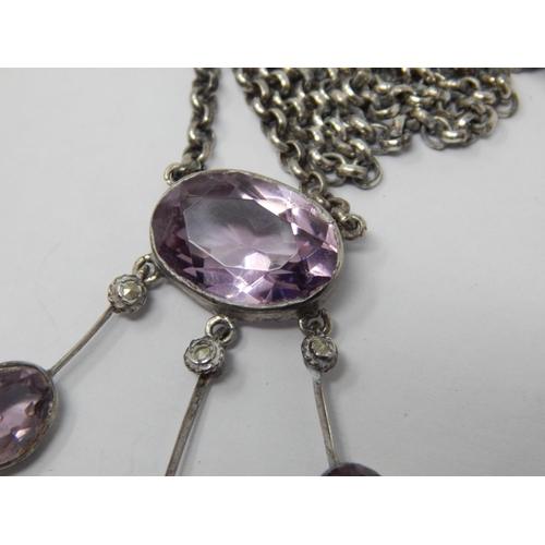 147 - Edwardian Silver & Amethyst Pendant Necklace with Three En Tremble Amethyst Drops.