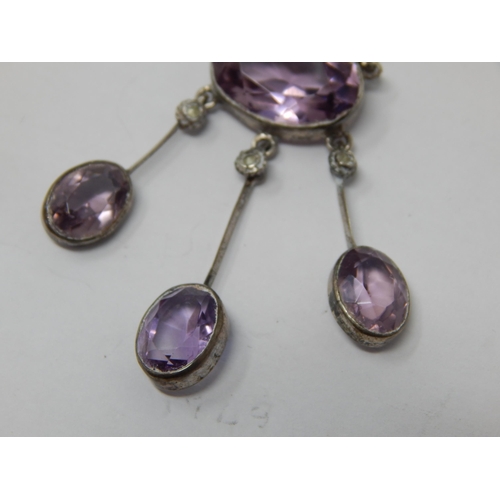 147 - Edwardian Silver & Amethyst Pendant Necklace with Three En Tremble Amethyst Drops.