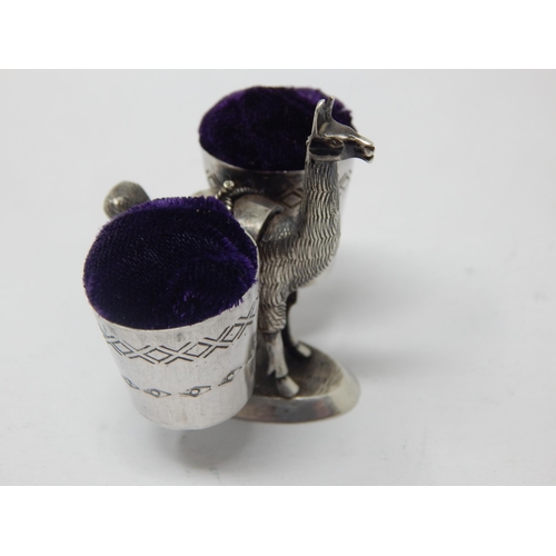 142 - Sterling Silver Double Pin Cushion formed as a Llama carrying two baskets.